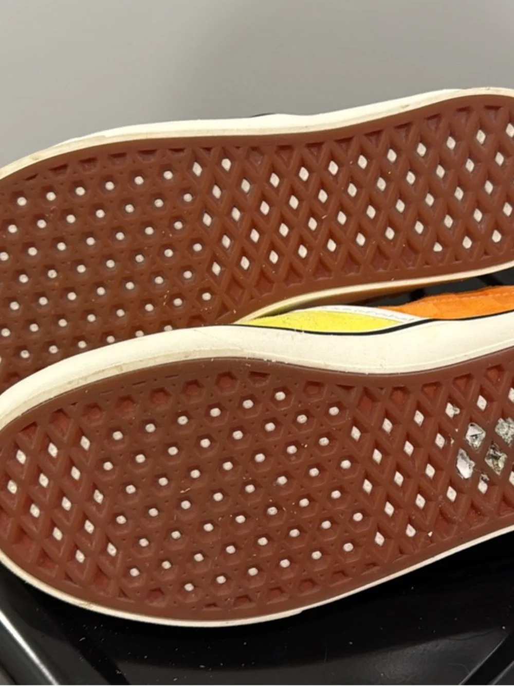 Vans Yellow Checkerboard Slip-On Loafers with Orange Heel Accent